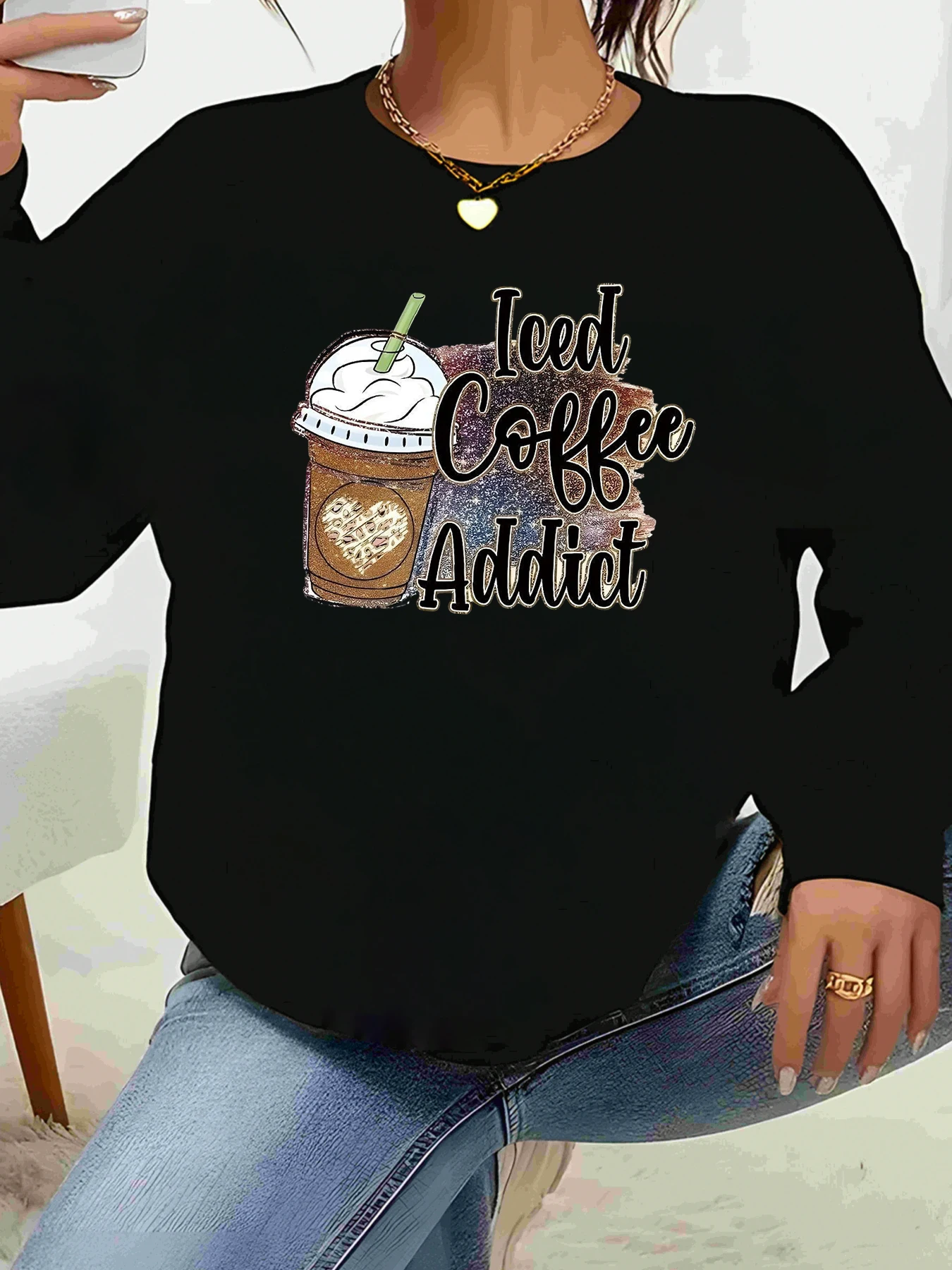 

Футболка с длинными рукавами и принтом Iced Coffee Addict, повседневная одежда для женщин любителей кофе