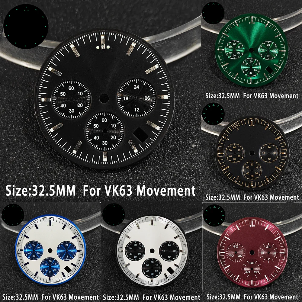 

For VK63 Dials 32.5mm C3 Green Luminous Multicolored Calendar Window Suitable For Mineral Crystal Glass Case Watch Accessory