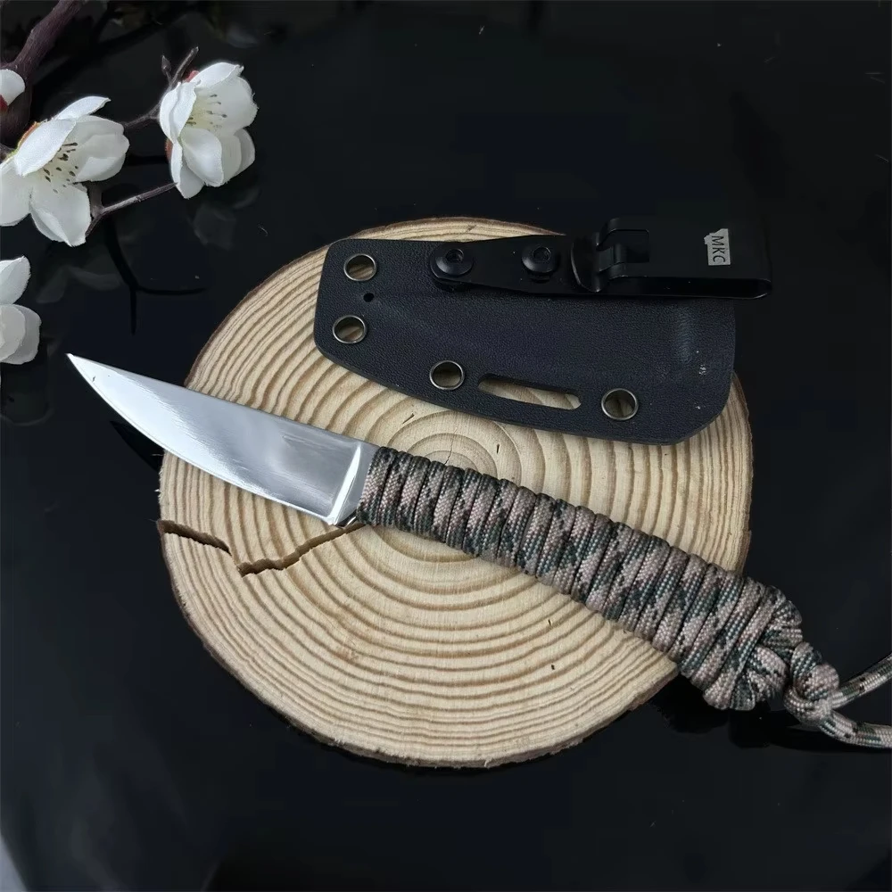 Cuchillo recto con hoja 440c, mango de cuerda de nailon, corte afilado, delgado, para acampar al aire libre, práctico, cuchillo duradero de alta calidad