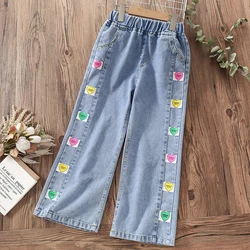 Pants for Girls Jeans Teenagers Children Clothing Heart Print Trousers Spring Autumn Baby Kids Clothes Jeans 6 7 8 9 10 12 14 Y