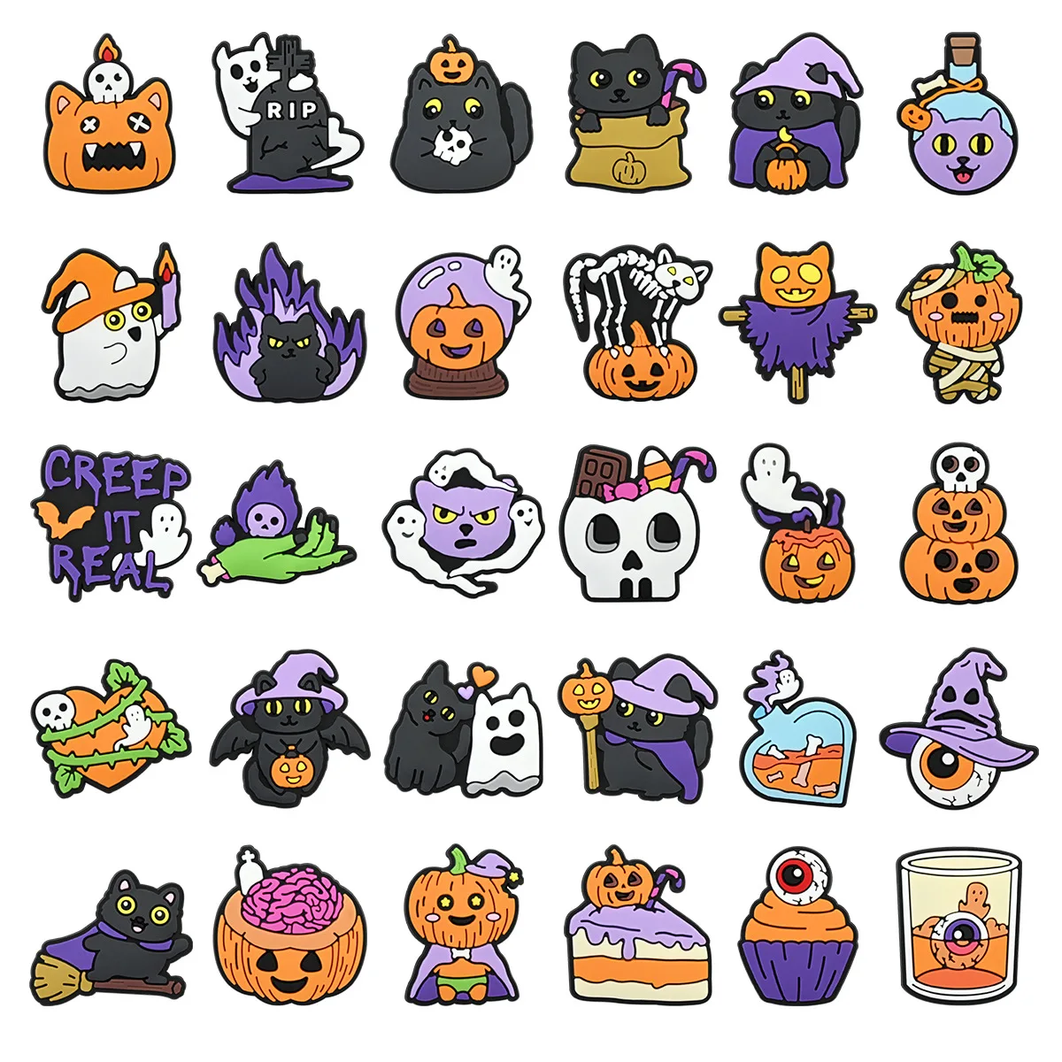 30pcs Halloween Set Shoe Charms Black Cat Pumpkin Shoe Buckles DIY Decorations for Sandals & Beach Bags Fashion PVC Accessories