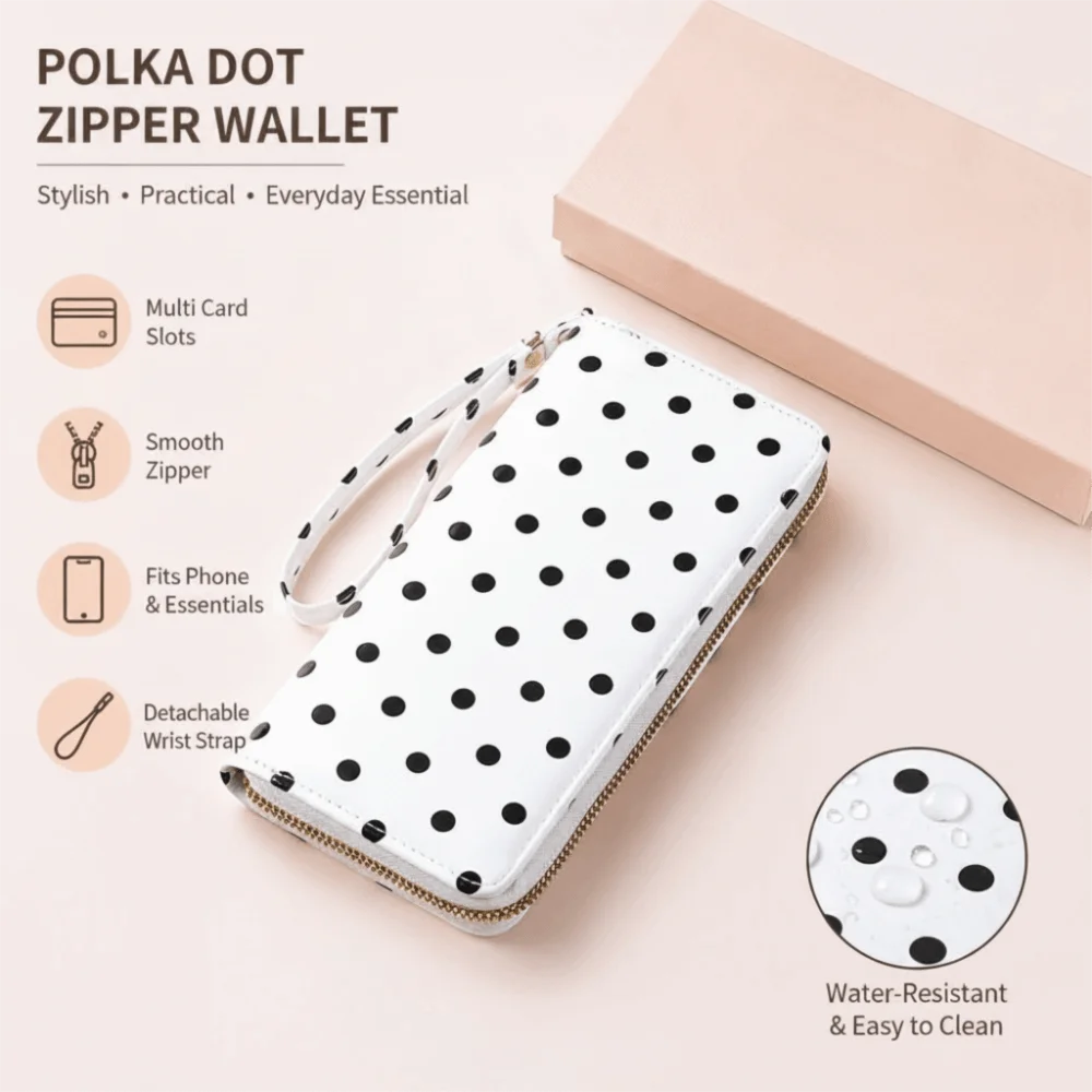 Polka Dot Pattern Polka Dot Wallet Zip Around Closure Smooth Surface Clutch Wallet Detachable Wrist Strap Multiple Card Slots