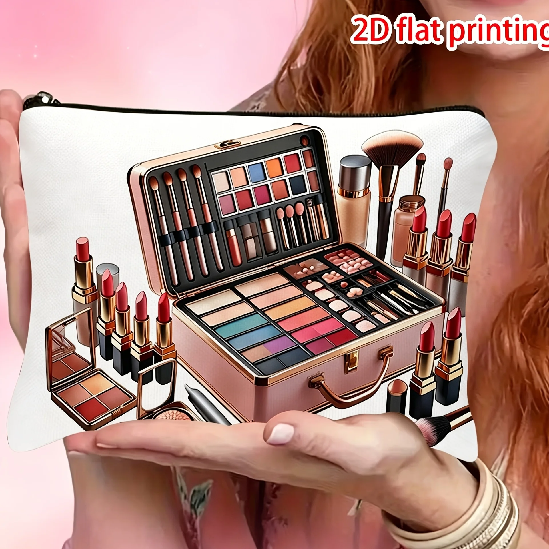 Standalone Makeup Bag White Base Beauty-Themed Patterns Makeup Brushes, Lipstick Eyeshadow Palettes. Equipped Zipper Closure,