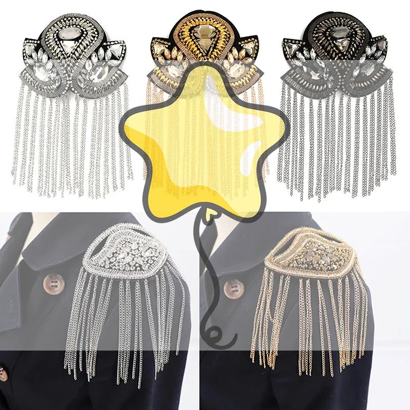 Epaulette Brooch Pin Bead Long Tassel Chain Electroplating Decor DIY Men Women Bling Epaulette Clothing Shoulder Jewelry
