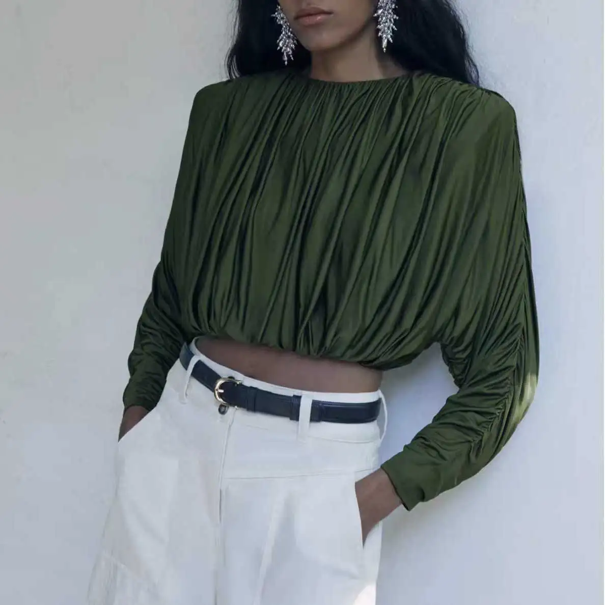 Women Green Draped Ruched Crop Top Round Neck Batwing Long Sleeve Gathered Hem Blouse Loose Casual Cropped Shirt