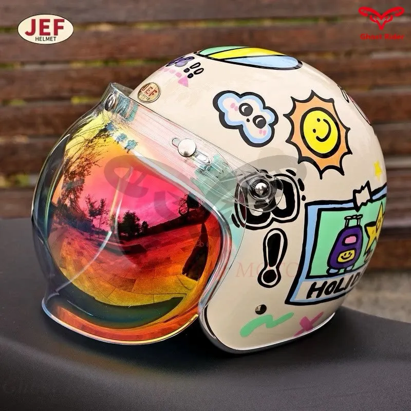 JEF retro motorcycle helmet men's colorful holiday pedal helmet 3/4 helmet cartoon autumn and winter casco moto