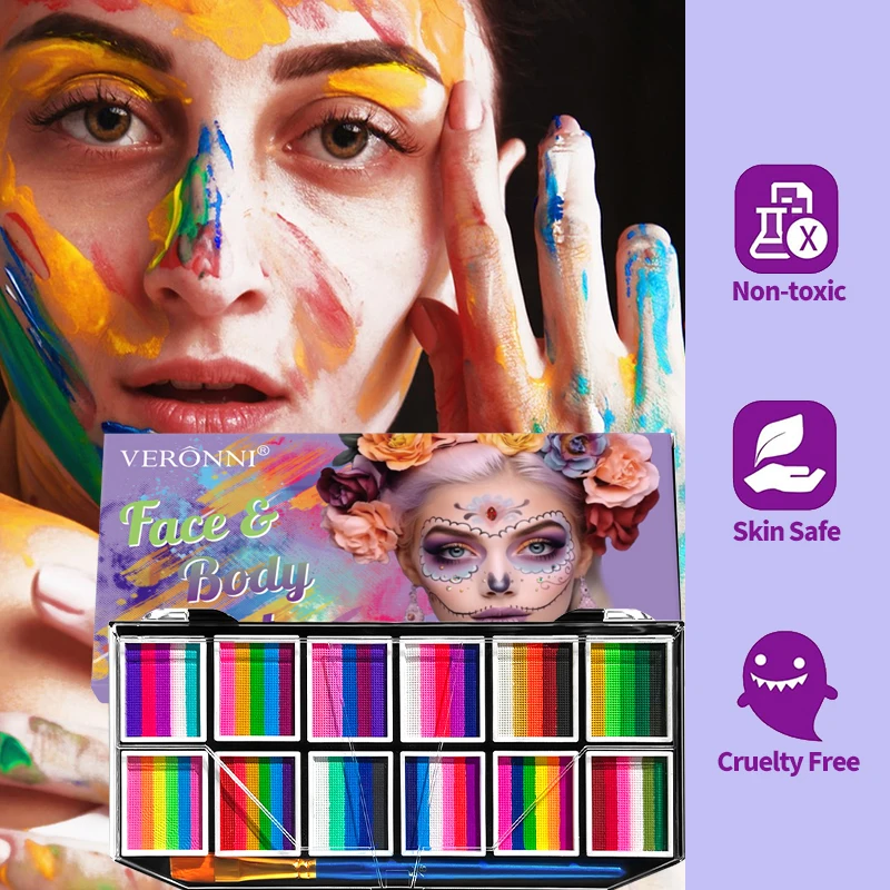 12-Color Rainbow Palette-Water-Soluble Face & Body Paint Kit with Brush,Vibrant Colors for Halloween,Christmas,Cosplay,Stage