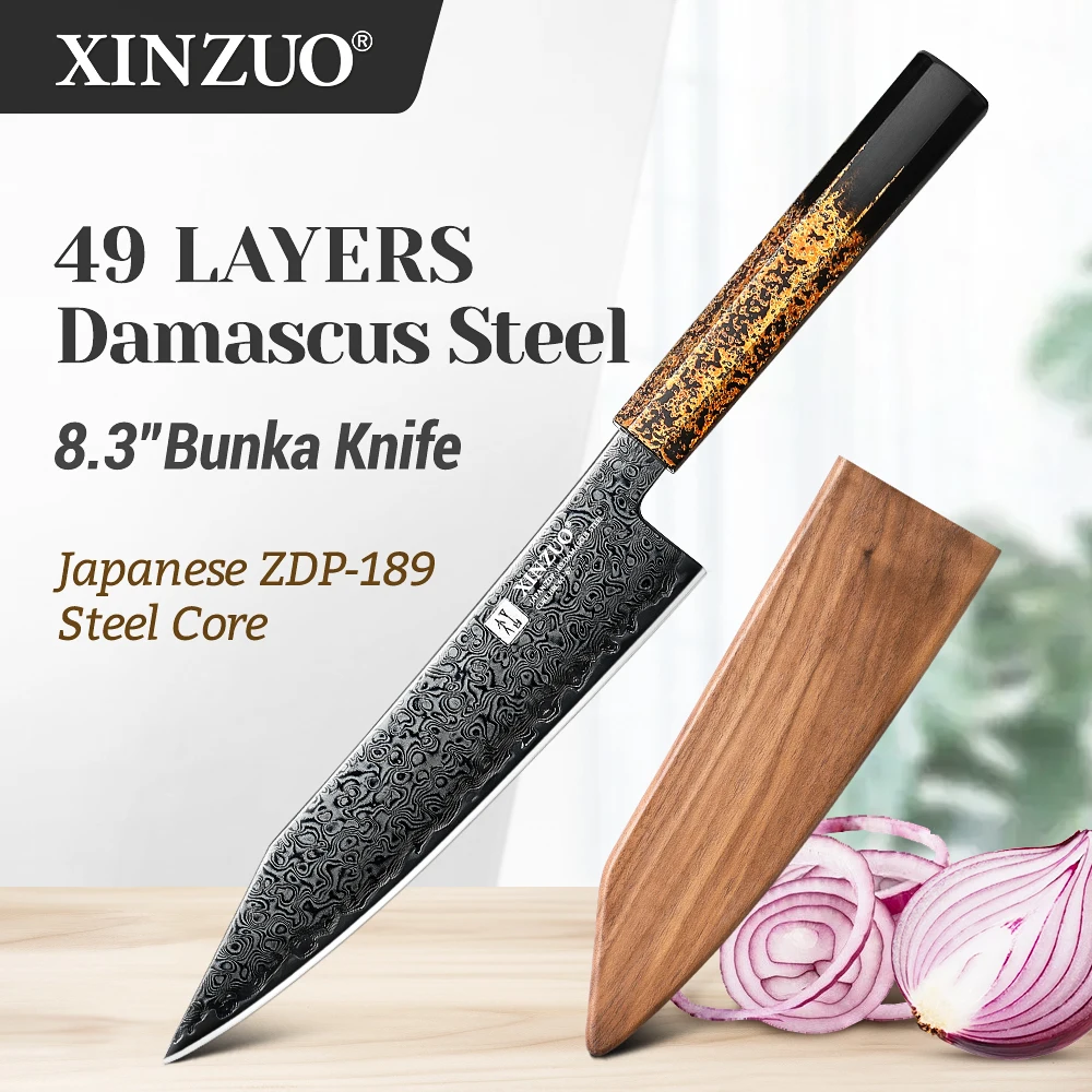 XINZUO 8.3'' inches Kiritsuke Knife 49 Layers ZDP189 Damascus Steel DLC Coated Japanese Chef Knife Ebony Lacquer Octagona Handle