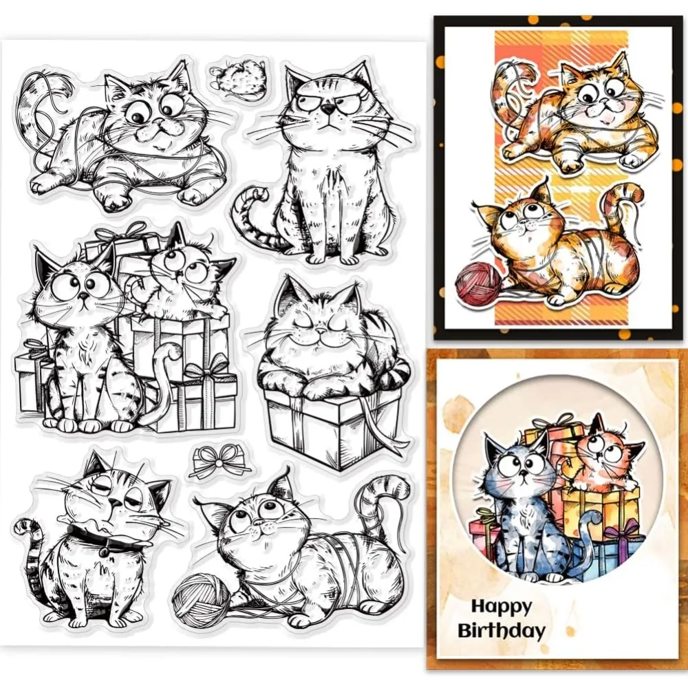 1Sheet Cartoon Gift Cat Clear Stamps Yarn Cat Clear Stamps Pet Cat Silicone Stamps for DIY Scrapbooking Photo Album Decorative