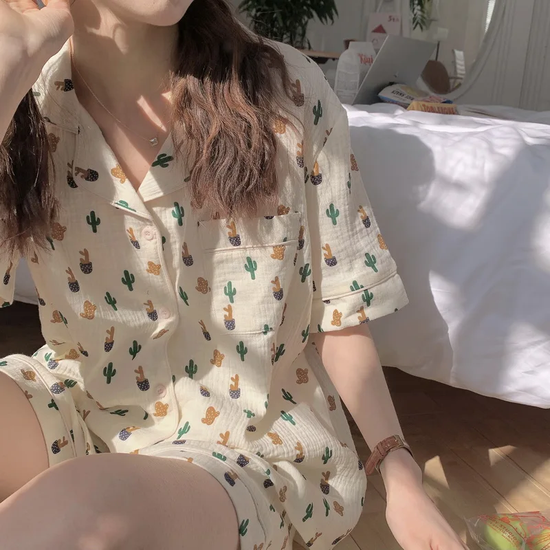 

Korean Cactus Print Summer Pajamas Set Women Cotton Single Breasted Shirts + Shorts Casual Ins Sleepwear Pocket Home Suit