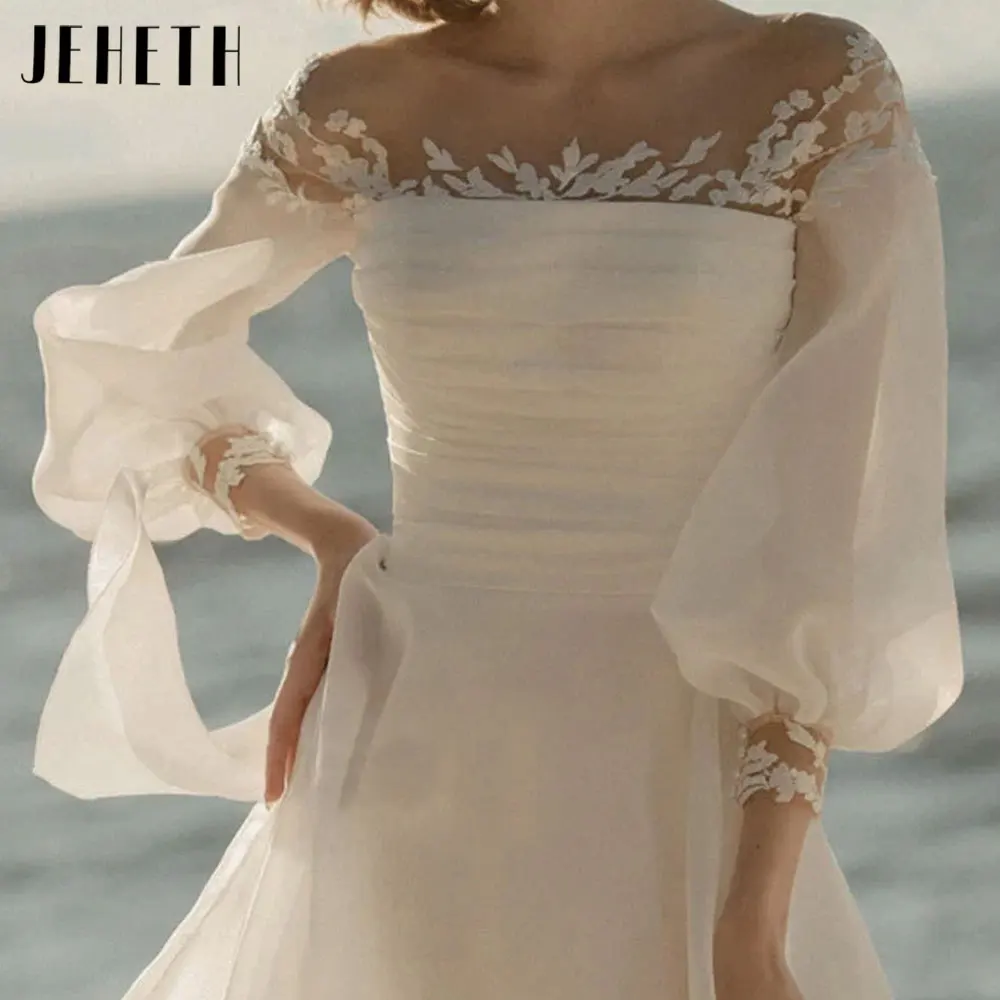 JEHETH Puff Sleeves Appliques Wedding Dresses O-Neck A-Line Tulle Bridal Gowns Backless Bow  vestidos de fiesta 2024 Custom Made