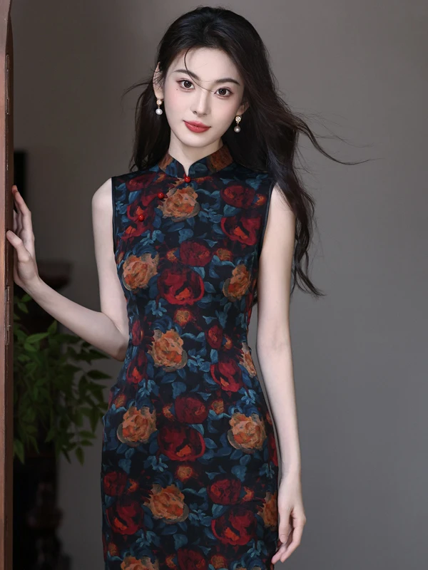 

Young Sle Bla Mid-Length Floral Print Breathable Polyester Gown Traditional Chinese National Sle Daily Wear