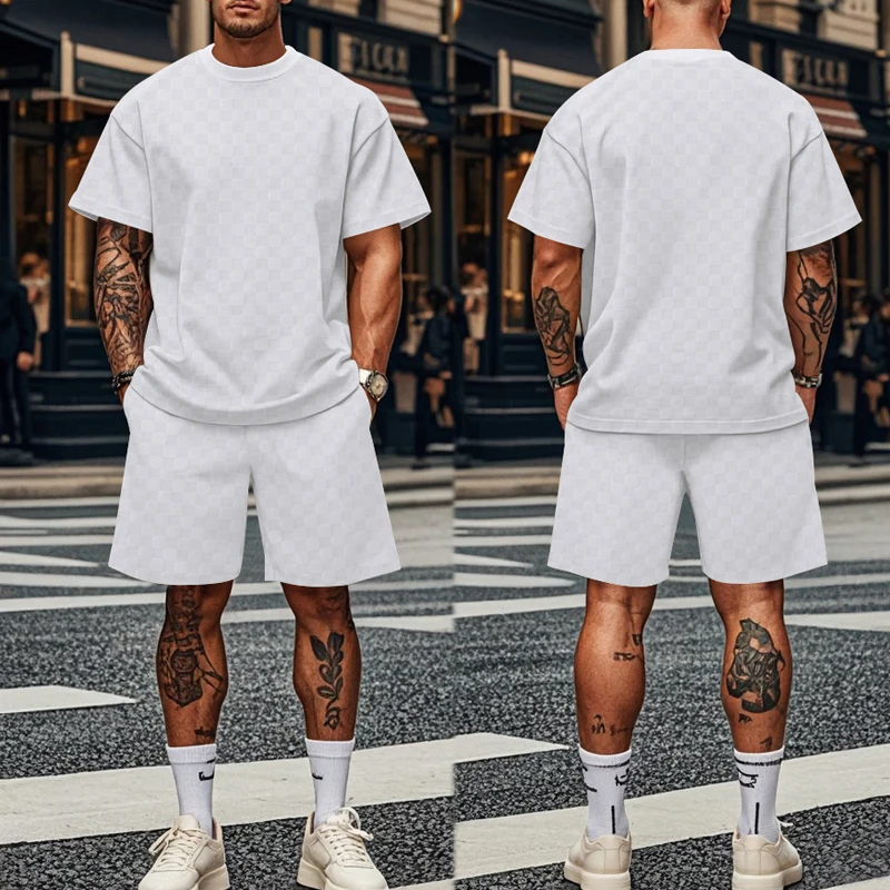 New For Man Summer Jacquard PJlaid Short Sleeve T-shirt Fashion Sports Set Breathable T-shirt + Shorts Sports Two-piece Set
