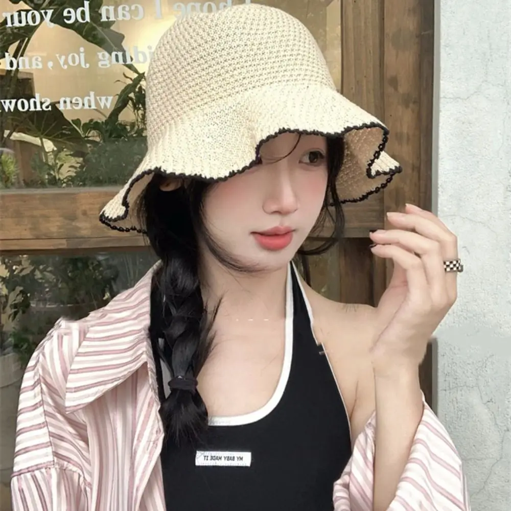 

Fashion Sweet Straw Sun Hat Temperament Visor Cap Seaside Beach Cap Hollow Out French Style Knitted Bucket Hat Travel