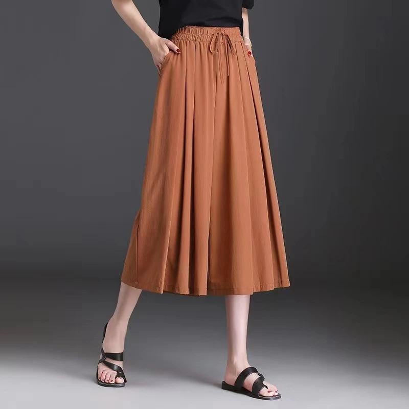 Ice Silk Wide Legs High Waist Summer Thin Women's 2024 Pocket Fashion Solid Color Seven Point Casual Drop Feeling Skirt Pants