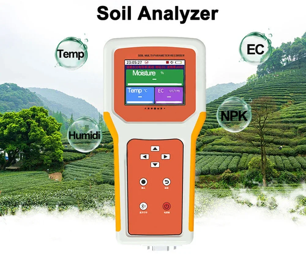 Penganalisis NPK/PH/EC Tanah Pertanian Sensor Nutrisi Kelembapan 7in 1 Penguji Tanah dengan Terminal Tampilan LCD Genggam Portabel