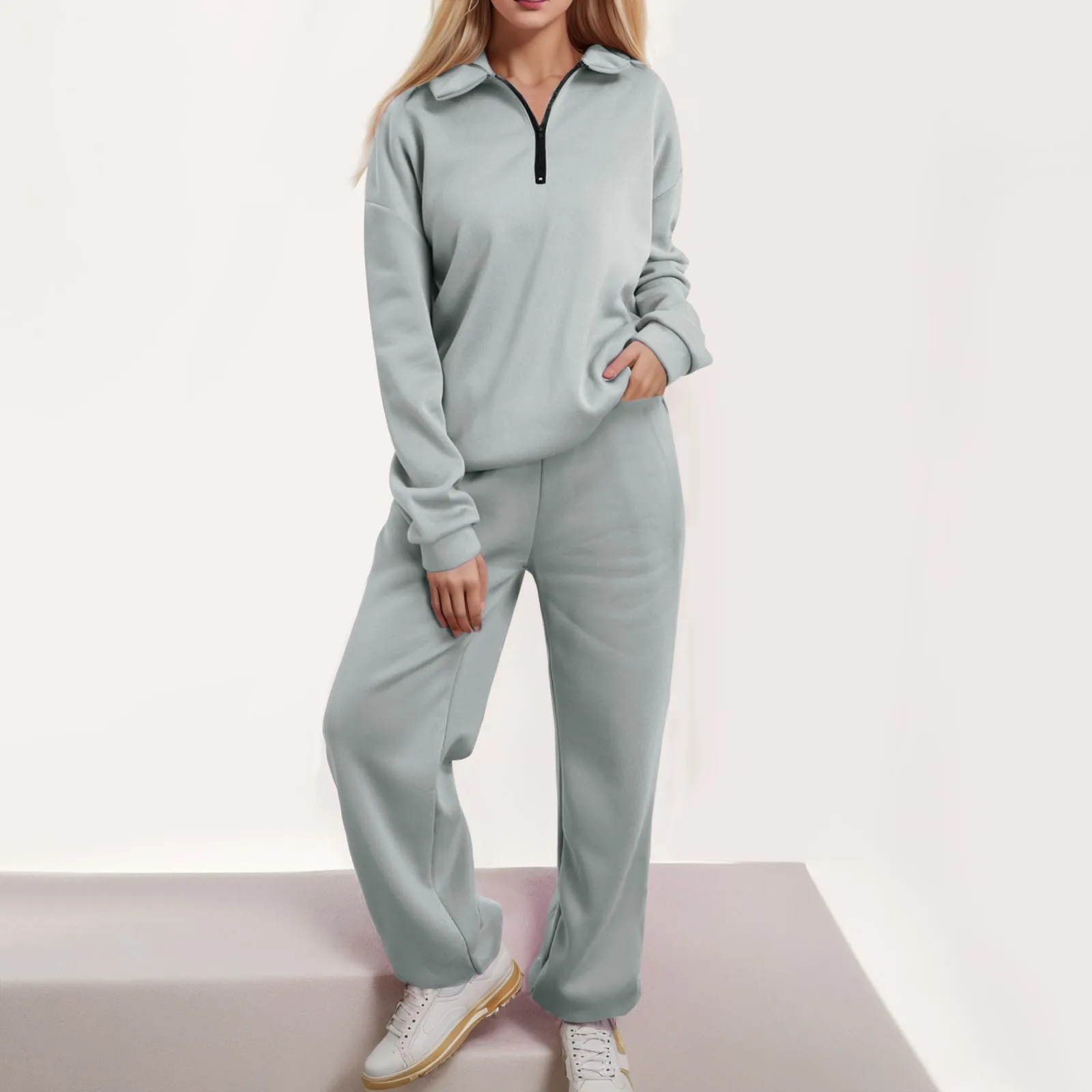 

Sportwear Hoodies 2 Piece Set Solid Color Grey Casaul Sweatshirt Wth Zip Loose Straight Leg Sweatpants y2k Street Tracksuit Set