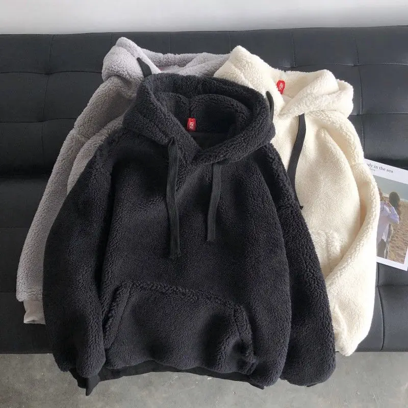 Korean Chic Lamb Wool Hooded Sweatshirt Couple Matching Simple Genderless Brushed Warm Oversized Long Sleeve Upper