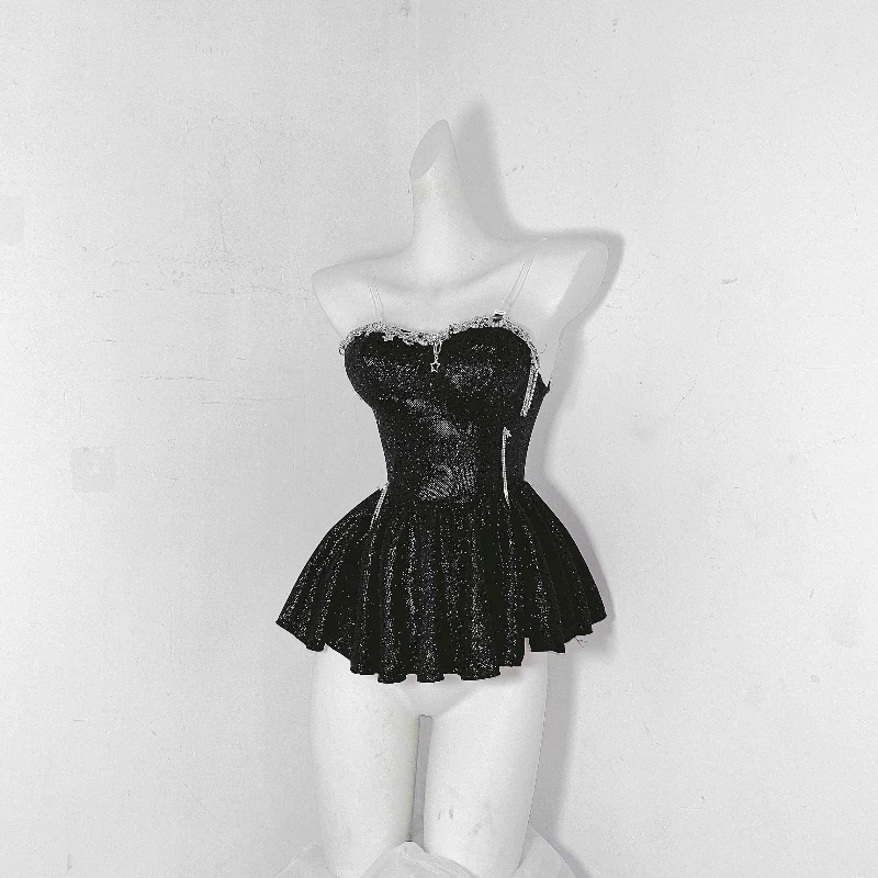 Origineel ontwerp zware industrie puur zwart gothic sprankelende pailletten dames sling punk 2025, nieuwe zoete coole sexy shorts pak dames