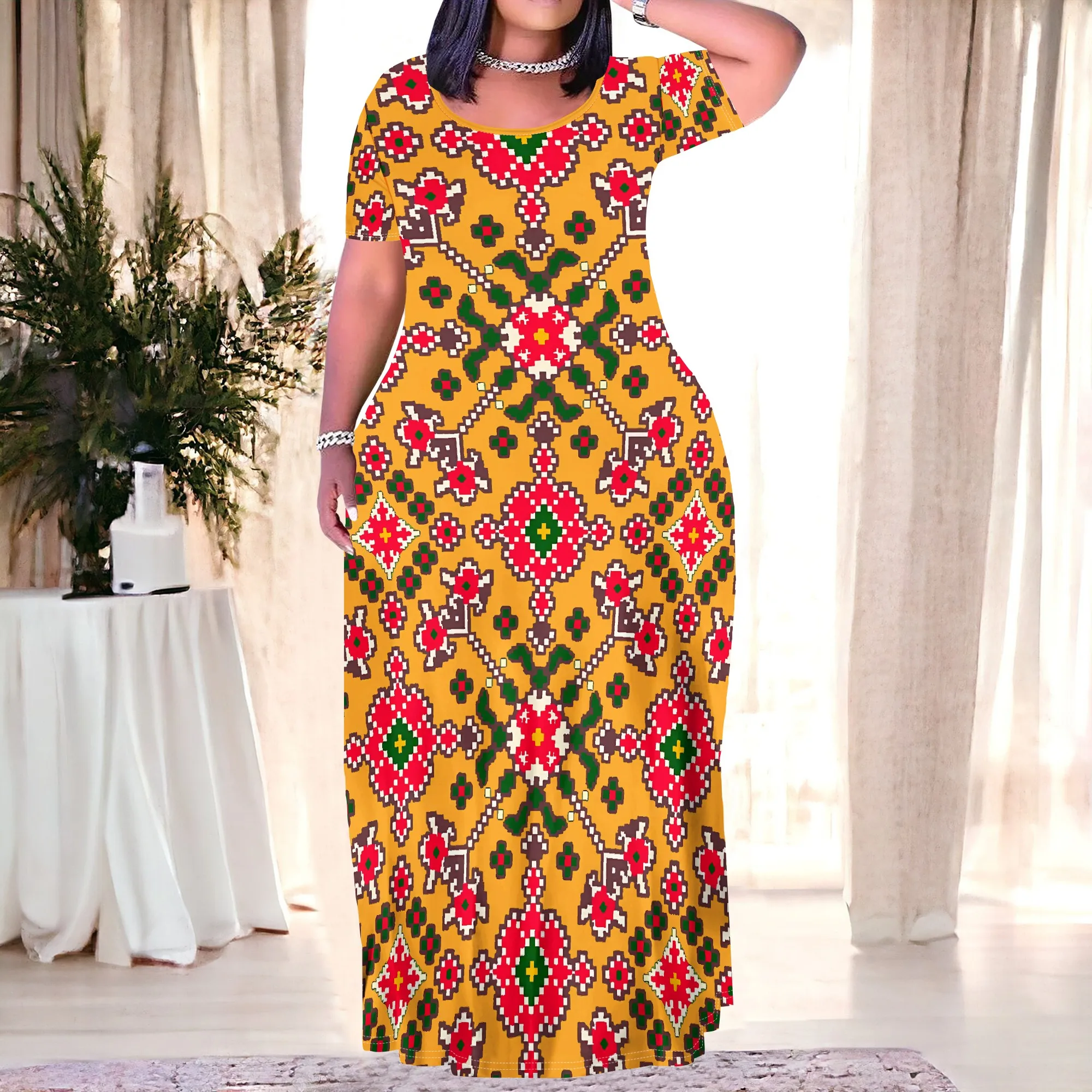 

Nupusa Ethnic Pattern Print Dress for Women Plus Size Summer Casual Crew Neck Short Sleeve Maxi Dress