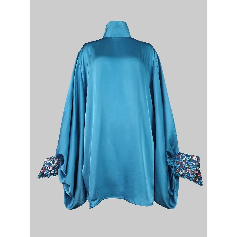 티나 블루 배트윙 슬리브 드레스 여성 2025 루즈핏 터틀넥 주름 파티 이브닝 드레스 플라워 프린트 여성 의류 106607