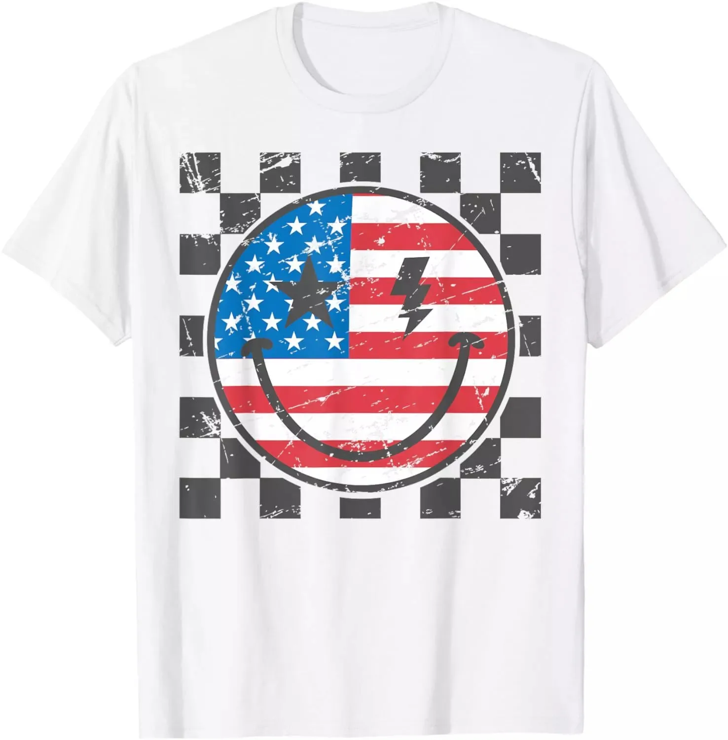 Happy 4th Of July Groovy Smile Face Red White Blue USA Flag T-Shirt