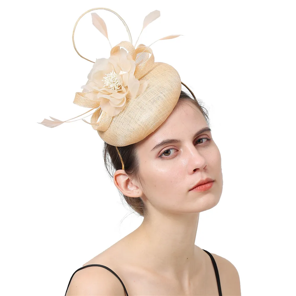 

High Quality Sinamay Fascinator Hat Wedding Women Millinery Occasion Hair Accessories Gorgeous Feather Flower Hairbands Headwear