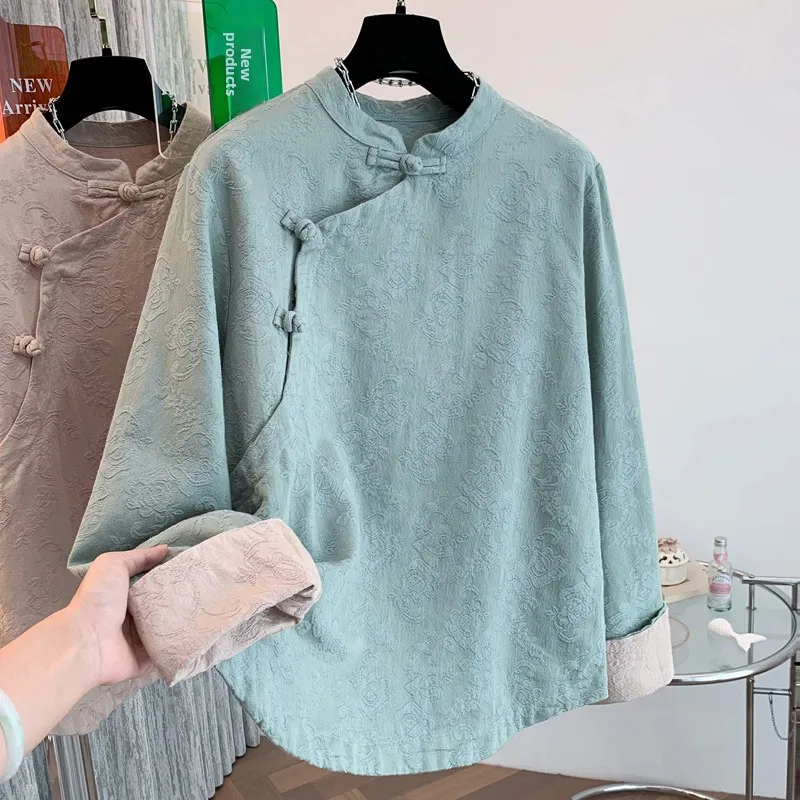 

Retro Chinese Sle Spring New Arrival Small irt Button Collar Tea Costume Embroidered Stand Collar Top Trendy Cotton Blend