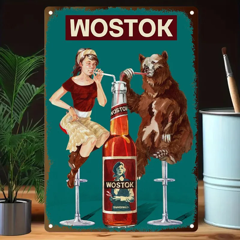 Vintage Wostok Beer Advertisement Tin Sign - Retro Soviet-Style Pub Decor with Woman & Bear - Heavy-Duty Metal Bar Wall Art - f