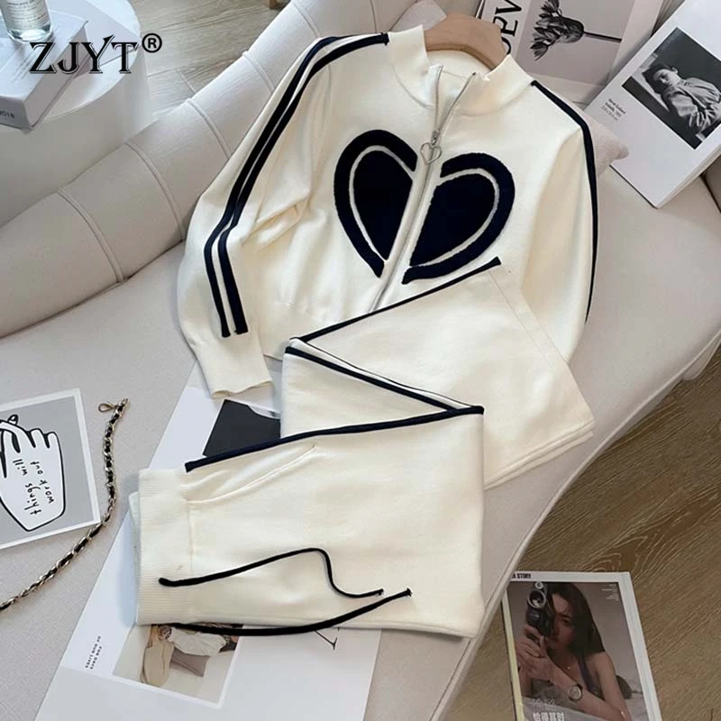 

ZJYT Autumn Winter Knitted Hoodies Sweatshirt Pant Sets 2 Pieces for Women Sweater Trousers Suit Casual Sporty Outfit Female