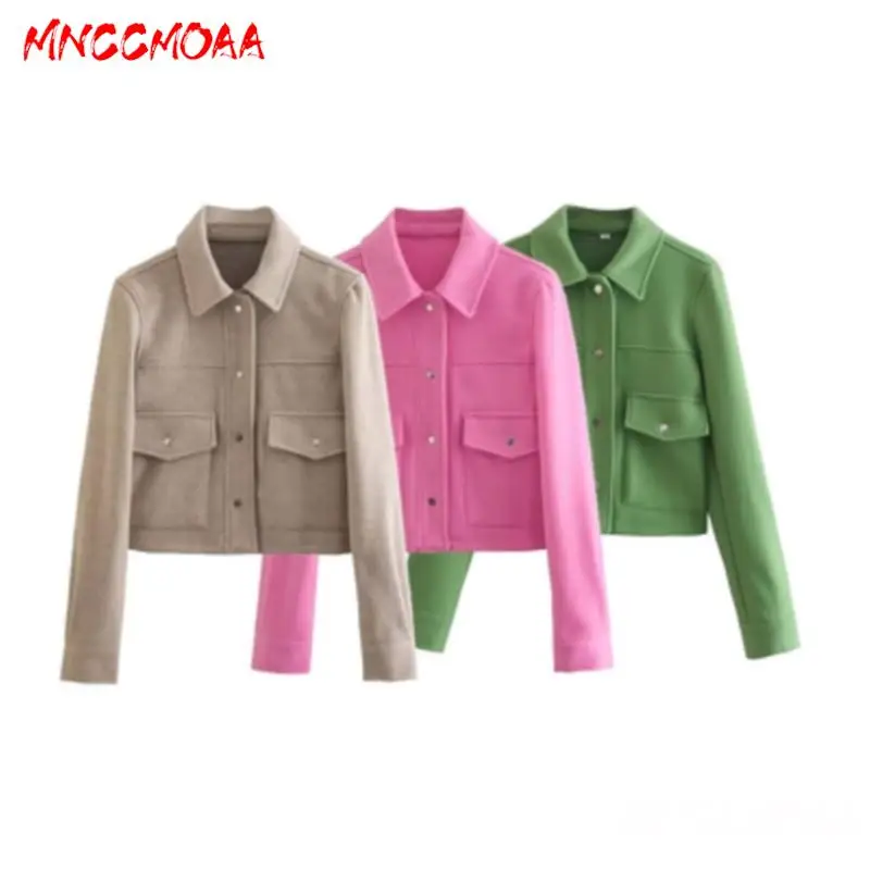 MNCCMOAA-Women's Single-Breasted Short Jacket with Pockets, Female Coat, Casual Long Sleeve Tops, Outerwear, Fashion, 2024