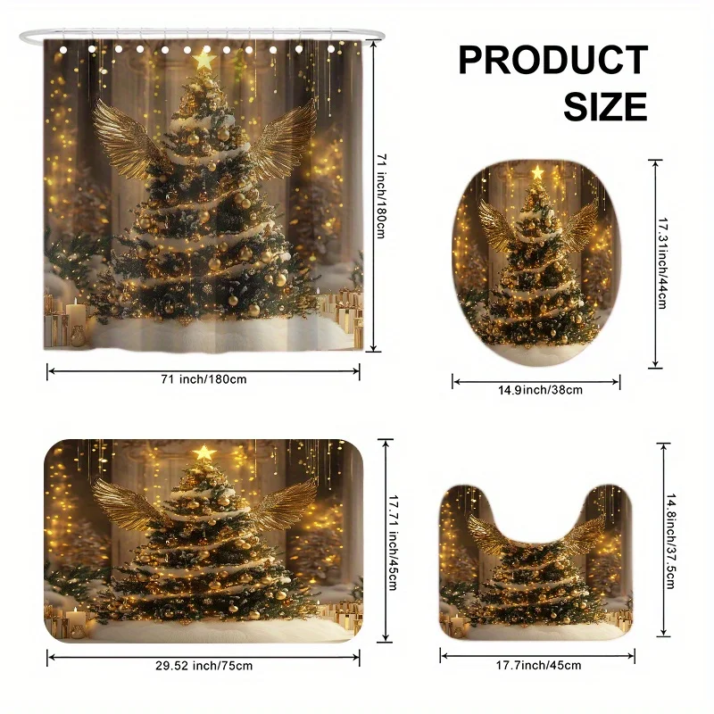 4Pcs Xmas Angel Glow Bath Set – Curtain, Mat, Toilet Cover, Rug, 12 Hooks, Holiday Bathroom Decor, Gift, Home Decor