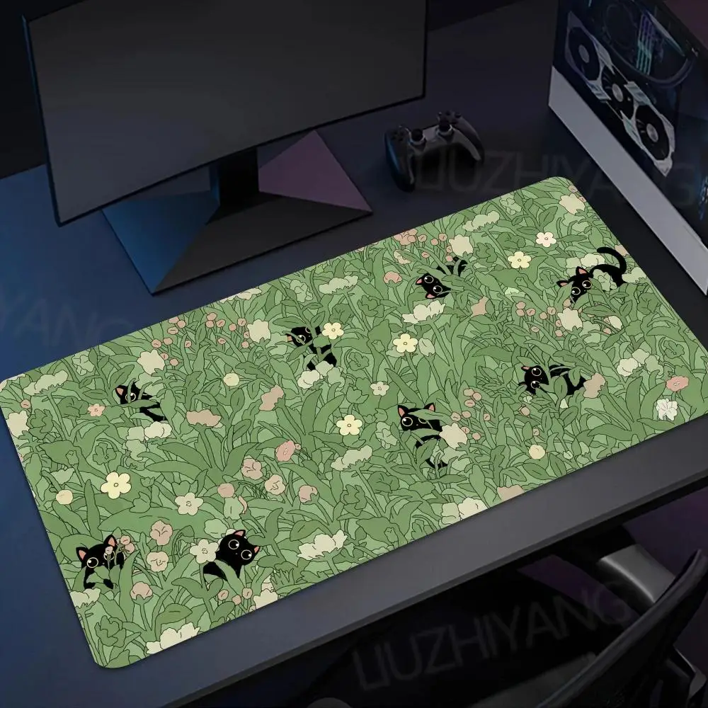 

Cute black cat in green plants Mouse Pad XXL Gamer Desk Mats PC Gaming Rubber Keyboard MousePads Large Computer Office 90x40cm