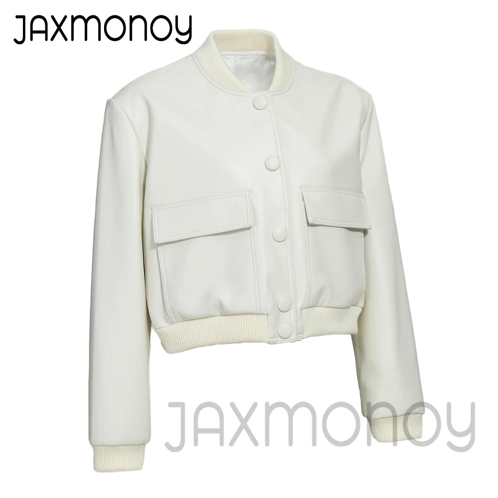 Jaxmonoy-Jaqueta de couro genuíno feminina, casaco de pele de carneiro, mangas completas, couro verdadeiro, monocromático, moda feminina, outono