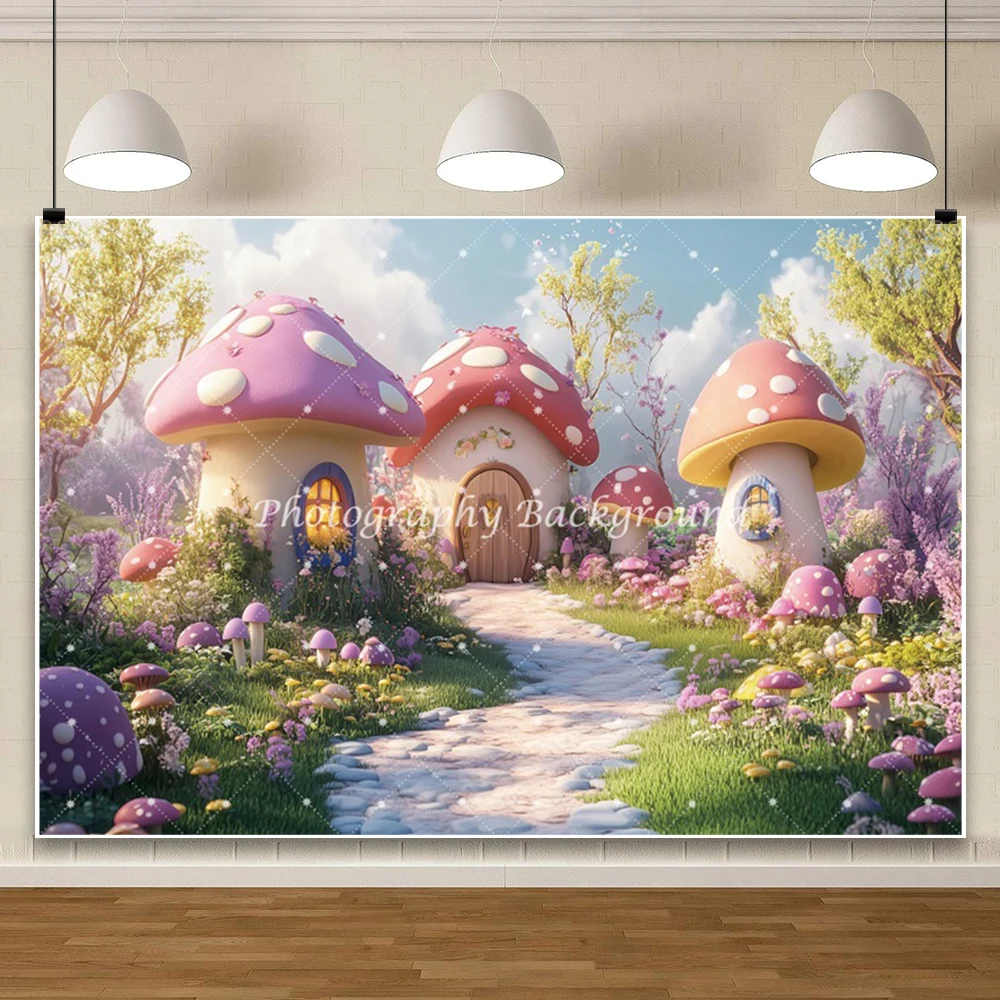 Colorful Mushroom House Backdrop Cloth Spring Lawn Butterfly Flowers Photography Background Baby Shower Girl Birthday Decoration