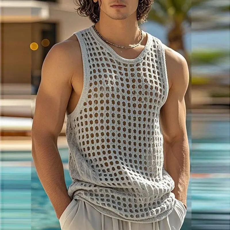 Men's Knitted Muscle Tank Top Sleeveless Hollow out Design Summer Spring Sexy Mesh See through Warmth Casual Style U Neck