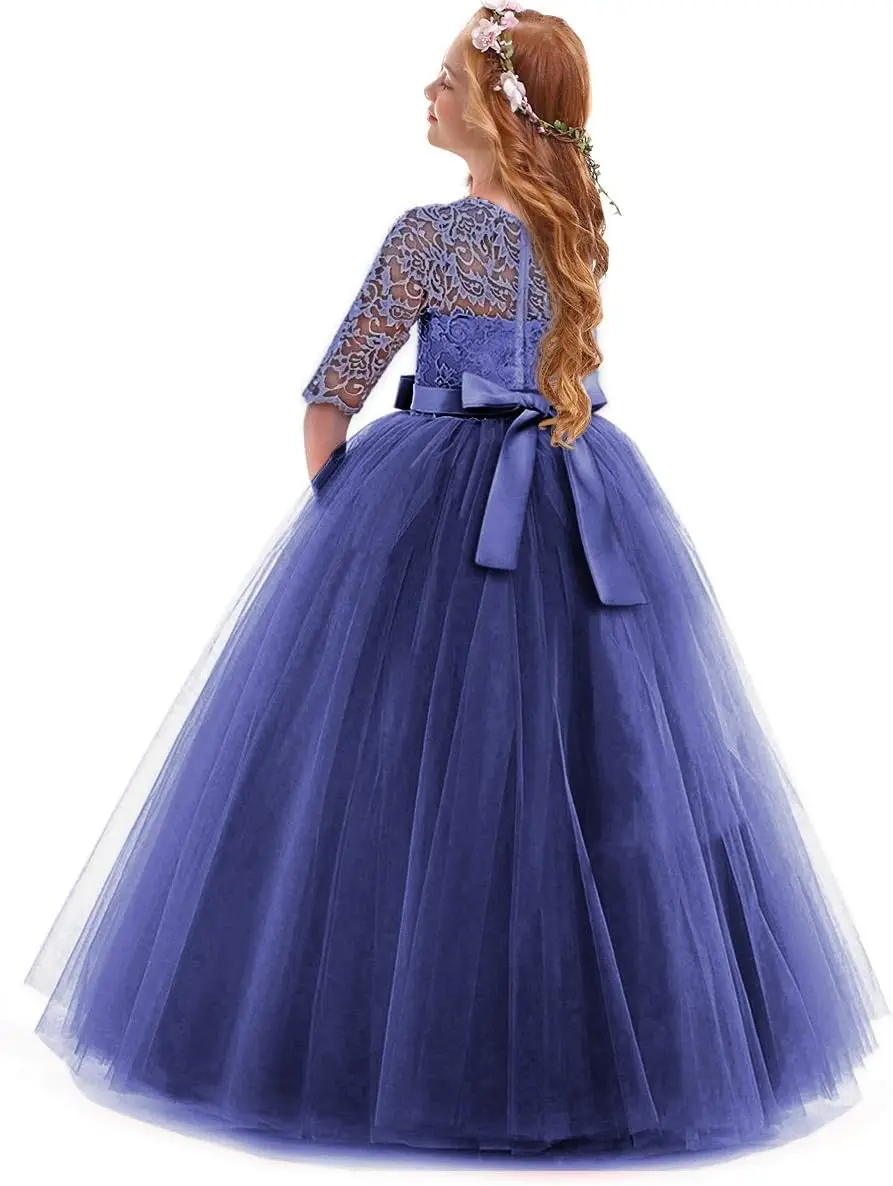 فستان فتاة الزهور 2025 ريترو دانتيل 3/4 كم طول الأرض لحفلات الزفاف فستان رسمي للرقص البيغاني