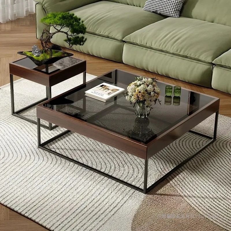 Solid wood coffee table household explosion-proof tempered glass