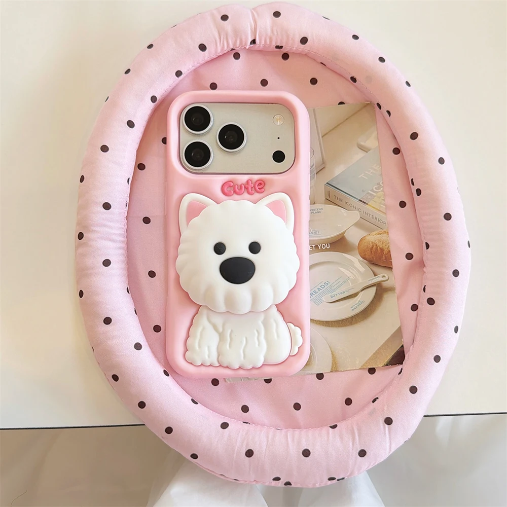 Niedliche 3D-Cartoon-Hund-Halterung Weiche Silikon-Handyhülle für iPhone 18 17 16 15 14 13 12 Pro Max Stoßfeste Standhalterung – Detail 3