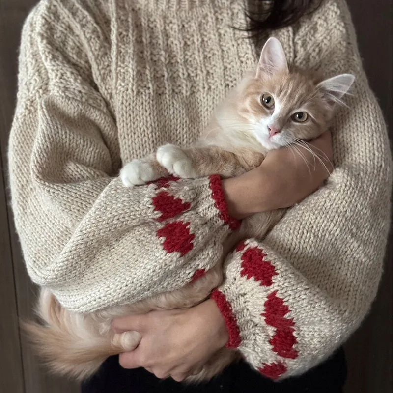 Women's Lazy Warm Knitted Sweater 2025 Autumn Winter New Fashion Solid Color Love Pattern Loose Long-sleeved Pullover Sweater