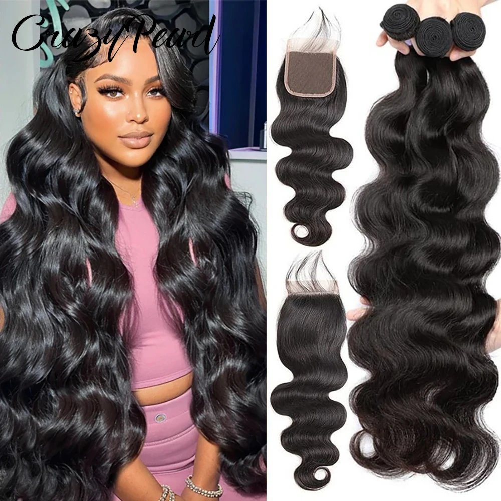 Cabelo Humano Ondulado com Fechamento de Renda, Pacotes de Cabelo Humano Brasileiro Virgem com Fechamento de Renda, Trama de Cabelo Virgem Cor Natural