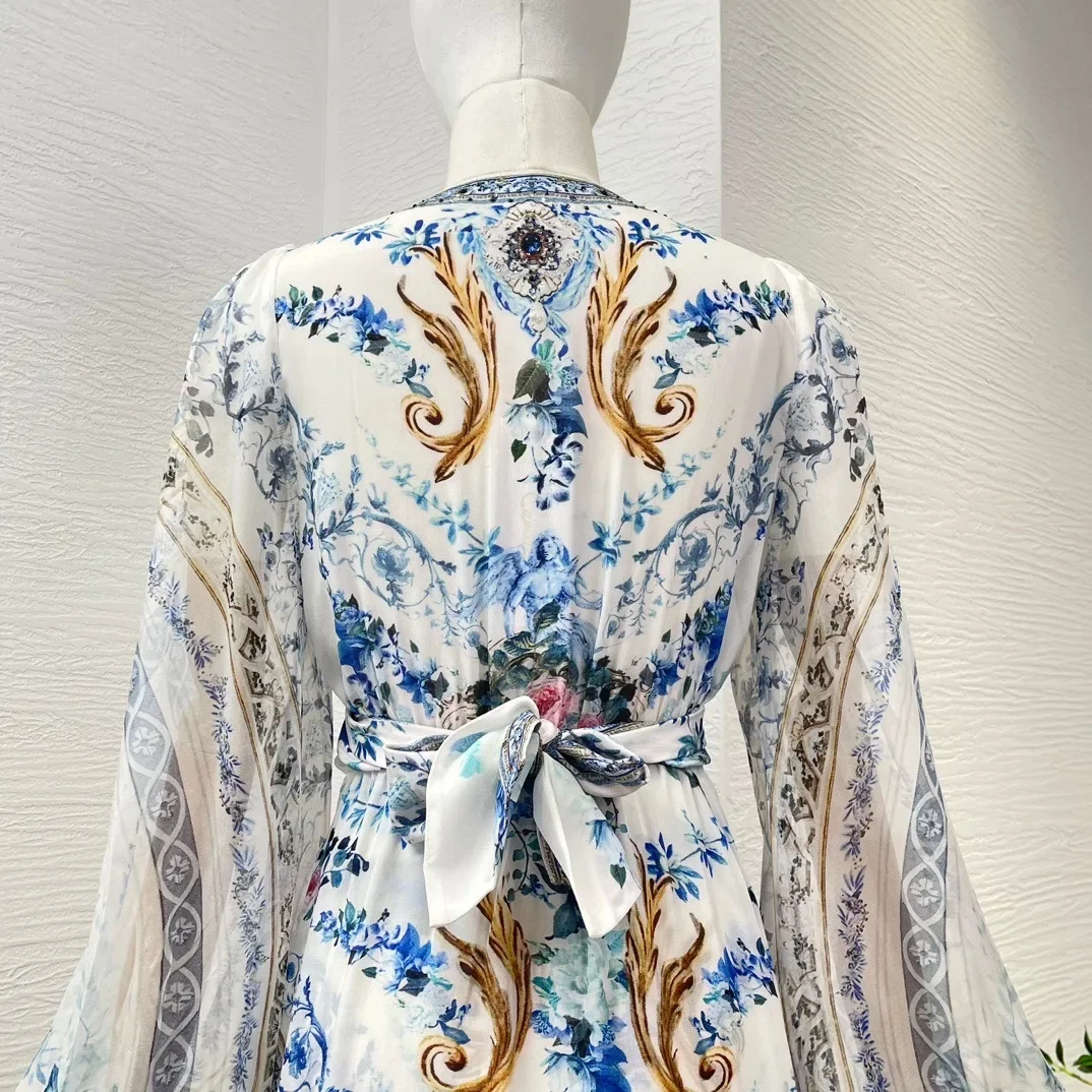 Spring Summer Blue White Floral Print Long Sleeve Midi Dress