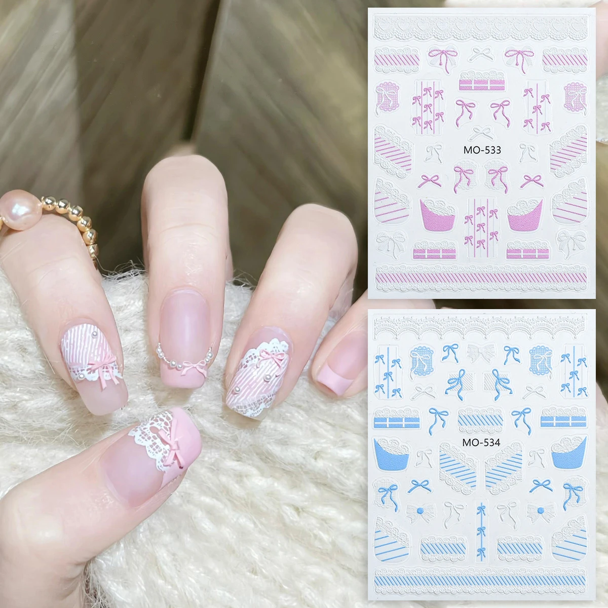 3 stücke Rosa Blau Spitze Denim Bogen Nail art Aufkleber Langlebig Wasserdicht Selbst-klebe Spitze Band Bogen Aufkleber Nail art Dekoration