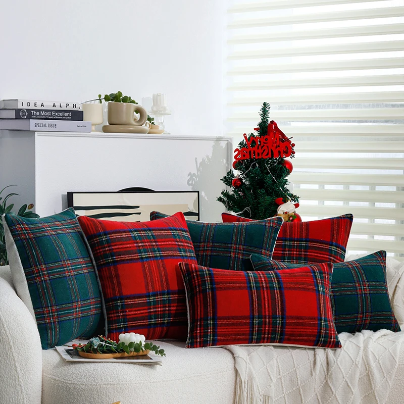 Cushion Cover Retro Red/Green Plaid-Single 30x50cm Christmas Supplies Home Decoration Pillow Cover for Indoor Sofa Pillowcase