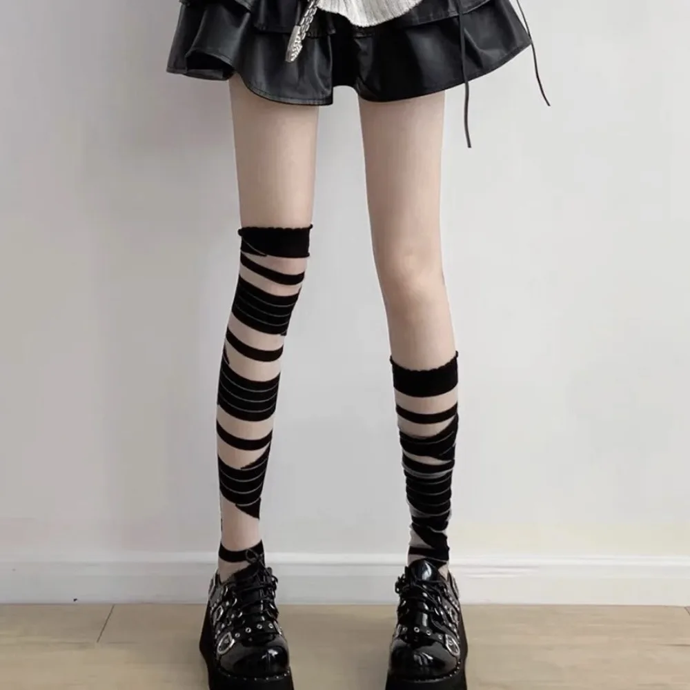 Nylon Transparent Stripe Stockings Lolita JK Style Elastic High Tube Long Socks Ultra-thin Breathable Above Knee Stocking