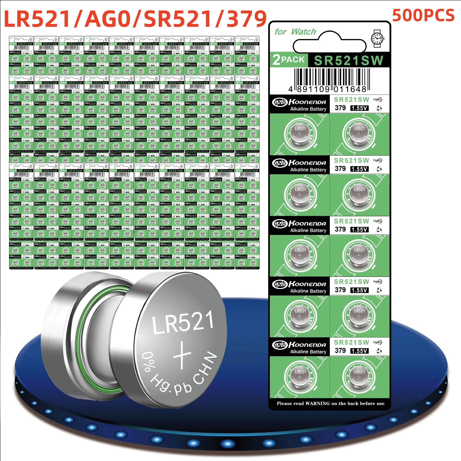 

500PCS AG0 Button Cell Batteries LR521 SR521 379 1.5V Alkaline Battery for Watch Calculators