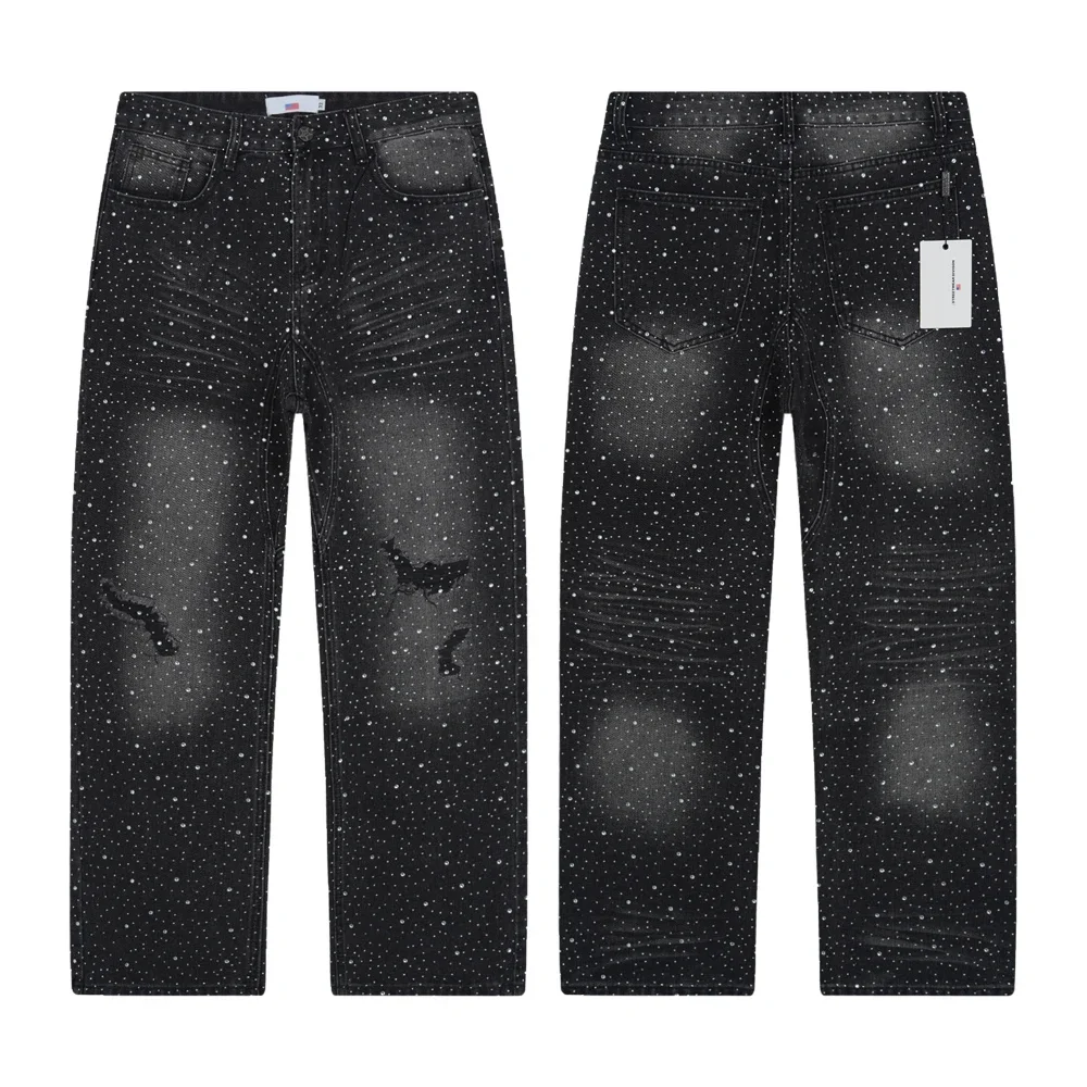 جديد الدينيم فضفاض ممزق الجينز مع أحجار الراين ريترو خمر شارع العليا نمط الهيب هوب مستقيم بنطلون الشارع الشهير الجينز للرجال