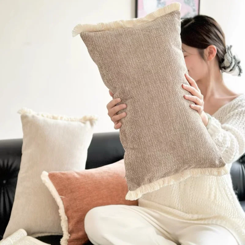 50x30cm Modern Simple Chenille Lumbar Pillow Case Sofa Beige Coffee/Tea Brown/ Ivory White Long Cushion Cover White Tassel Edge