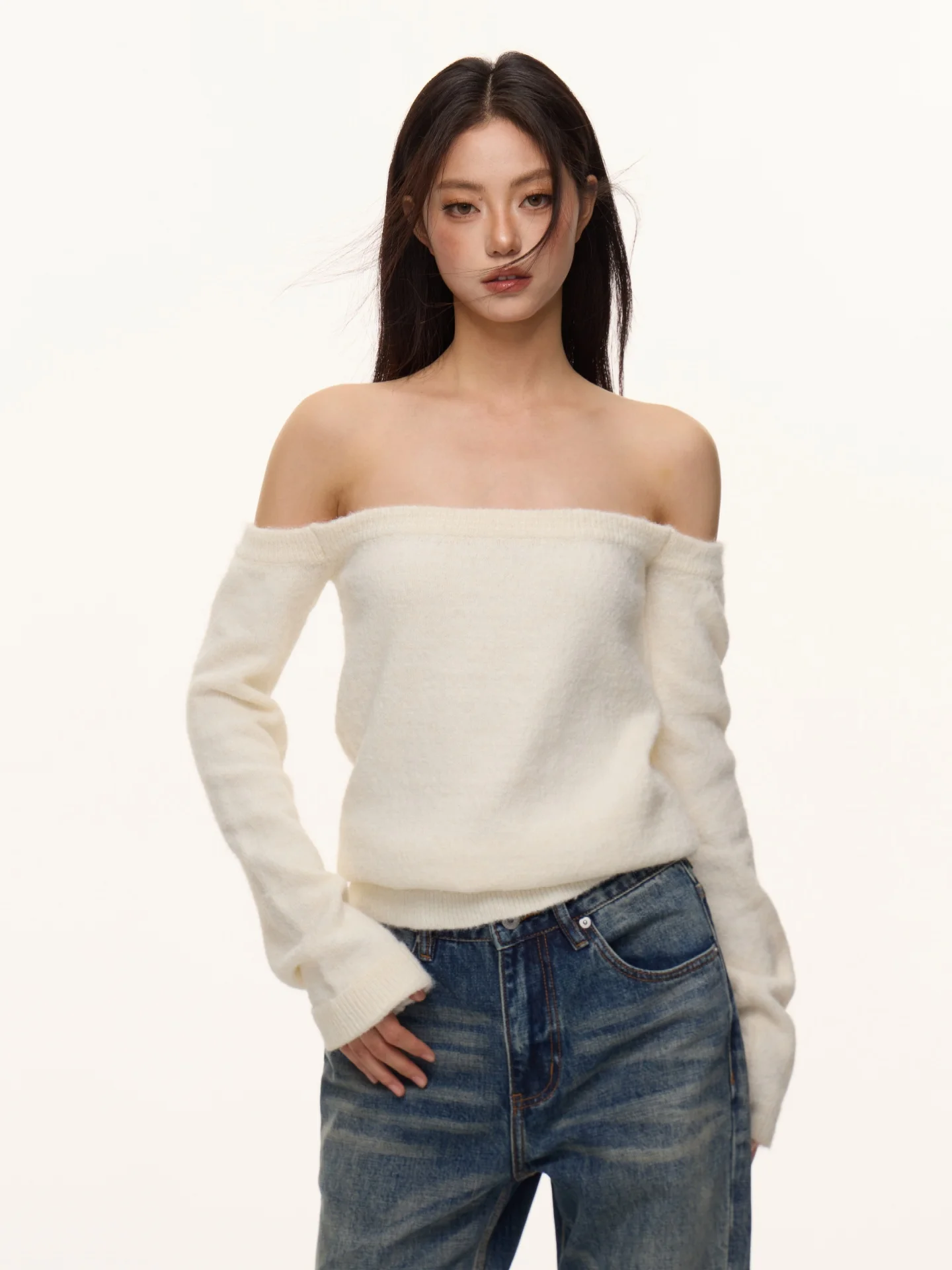 

Nova B Soft oulder Bared Long Sve Women's Sweatirt Base irt Korean Sle Slim Fit White Unique Spring Autumn Top