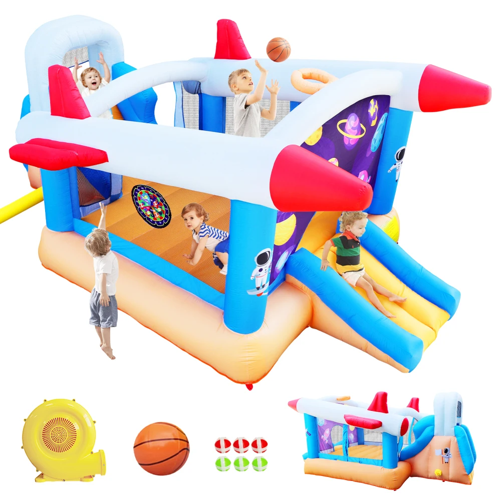

6 in1Inflatable Bounce Rocket House,Kids Castle Slide Bouncer with Blower,Dart BoardTarget Ball Basketball-Outdoor，Indoor Party